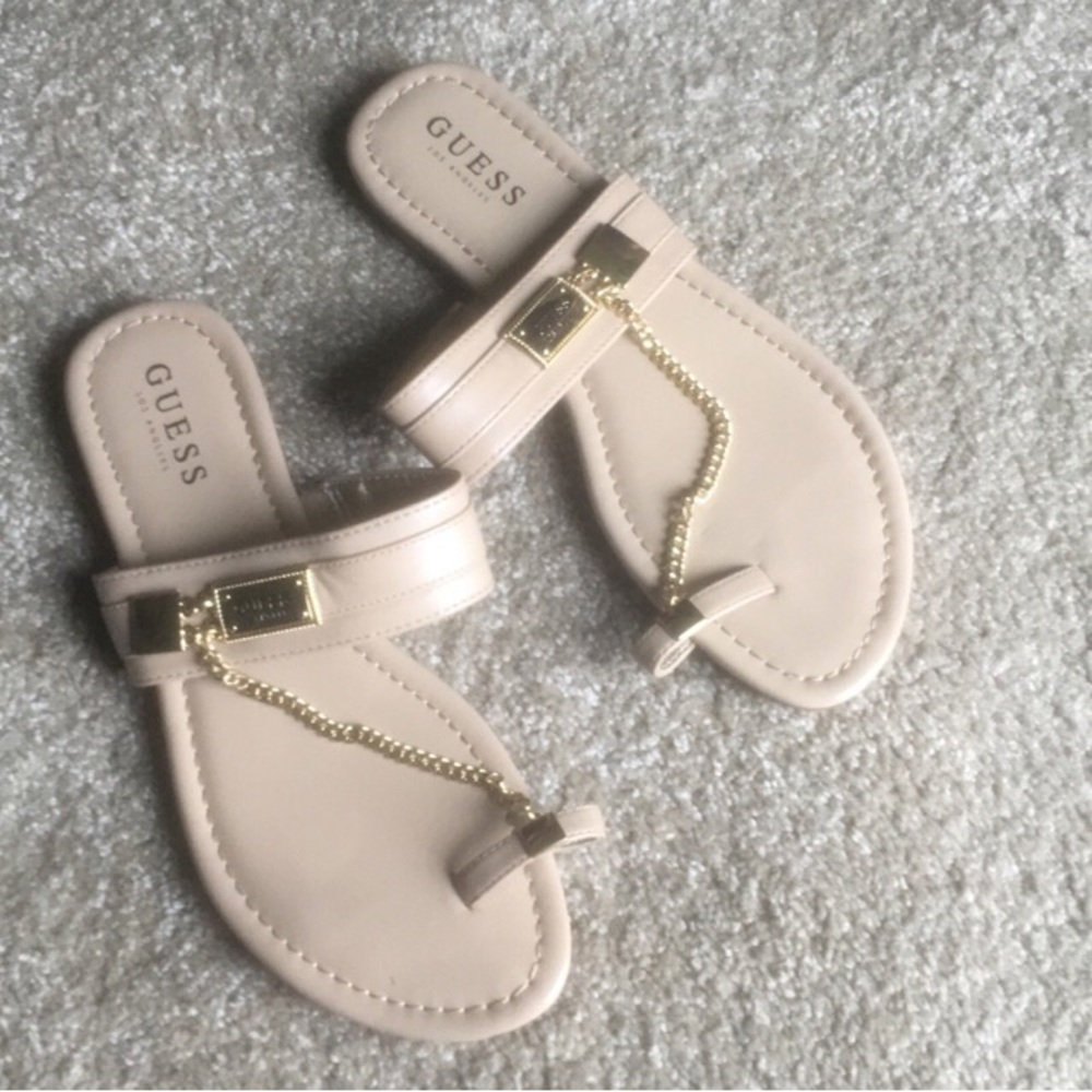 Guess chain sandals, tan sandals gold chain, barely worn